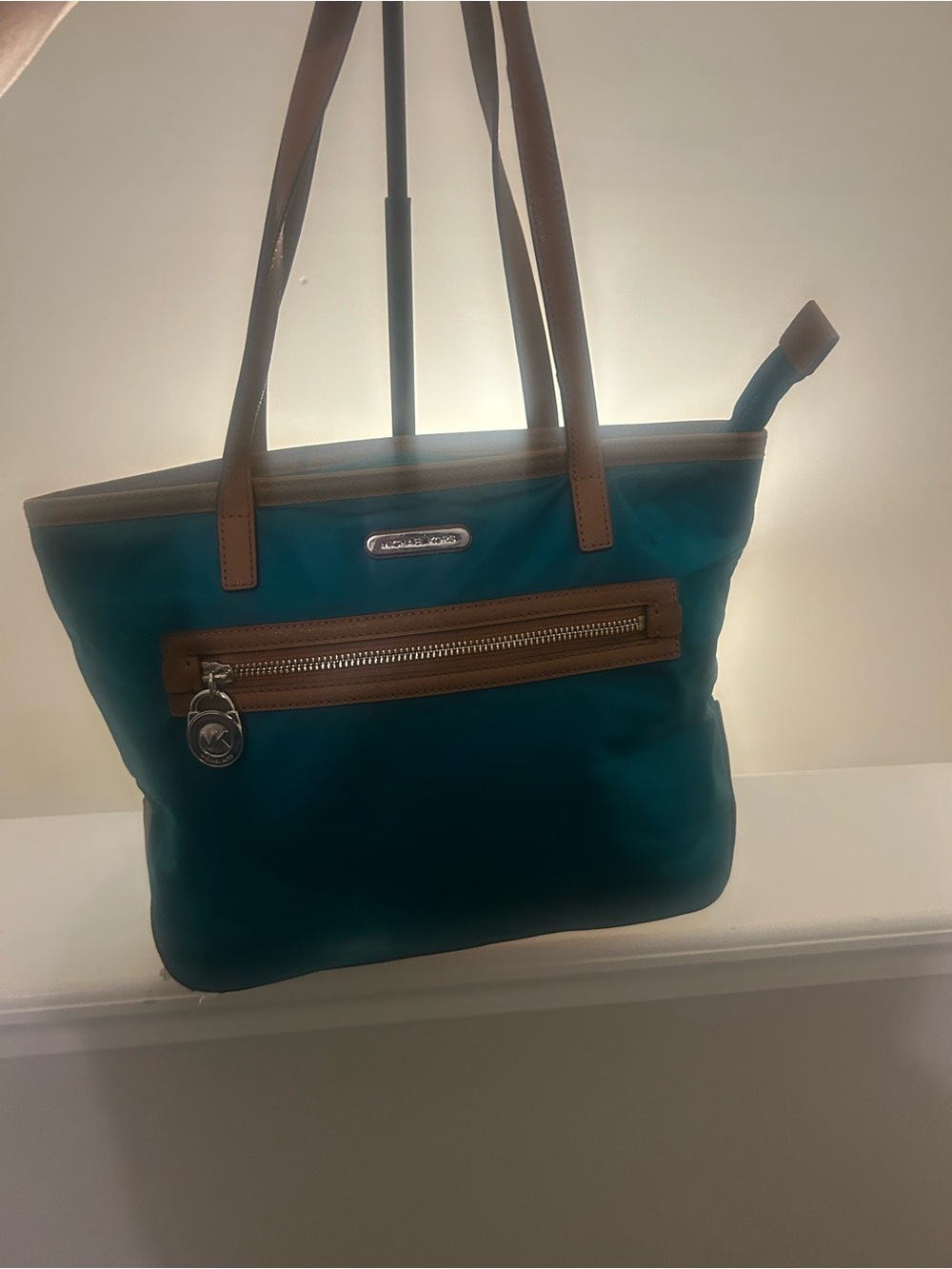 Michael Kors Teal small Tote with Brown Trim and Front Zip